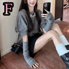 ニットセーター♪半袖 無地 レース リボン アームウォーマー♪秋冬 トップス