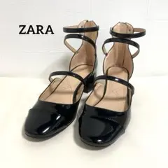 ZARA 37 エナメル パンプス チャンキーヒール ローヒール サンダル 黒
