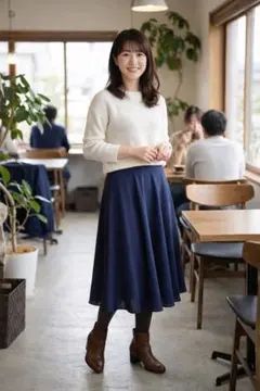 ネイビー Aライン フレアスカート Fサイズ ミモレ丈 ウエストゴム 上品　通勤