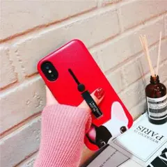 ☆iPhoneX/XS☆レッド☆リング&バンド付き☆大きなフレブル柄、