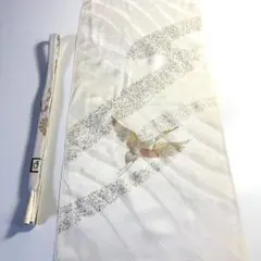 6k365 帯揚げ&帯紐　正絹　鶴　金色　ベージュ　白　柄物　和装　着物