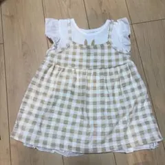 ベージュとホワイトのチェック 半袖ワンピース