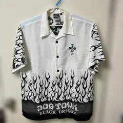 90s DOGTOWN オープンカラーシャツ　ファイヤーパターン 総柄 XL白黒のサムネイル