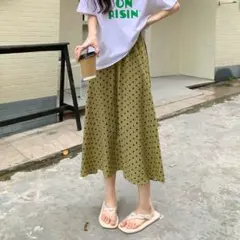 ドット柄 ロング スカート 春夏服 ボトムス　グリーン
