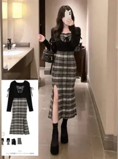 GRL チェック柄切替スリットニット 원피스 lt202