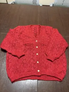 レース編みレッドカーディガン 手編み