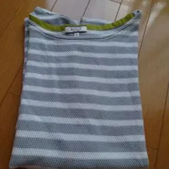 AIGLE グレーとホワイトのストライプ 半袖Tシャツ