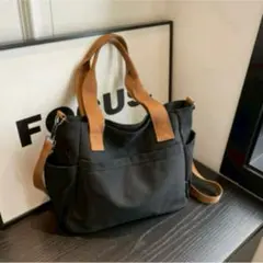 黒 帆布 トートバッグ 通勤　通学 多ポケット 斜め掛け　ショルダー　旅行