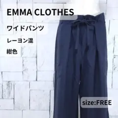 EMMA CLOTHES パンツ 3L 紺 ワイド リボン付き レーヨン混