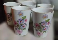 花柄陶器湯飲み5個セット　昭和レトロ　ビンテージカップ