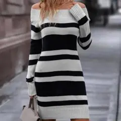 SS116 SHEIN グレー ボーダー ニット オフショル ミニワンピース新品