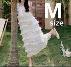 ロングワンピース キャミ 肩紐調整可 白 ホワイト M 体型カバー