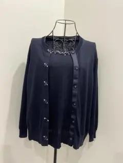 【美品】22オクトーブル　ネイビー ビジュー付き 長袖アンサンブル　LL