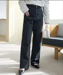 USコットンデニムストレートパンツ　ブラック　S