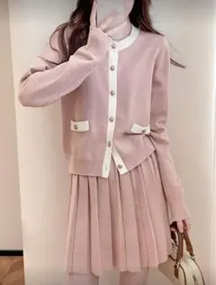 ピンク ニット カーディガン スカートセットアップ