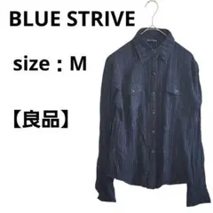 【良品】BLUE STRIVE 長袖シャツ ネイビー M ストライプ柄 ラメ入り