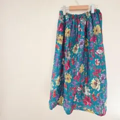 ターコイズブルー　フレアスカート　グリーン　花柄　ハンドメイド　ロング丈