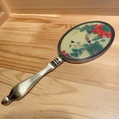 【アンティーク調】手鏡 ハンドミラー 鳥・花柄 楕円形 真鍮風 ゴールド系