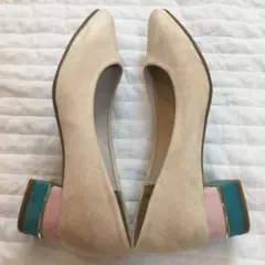 ベージュ スエード フラットシューズ カラフル　春パンプス　Mサイズ　ターコイズ