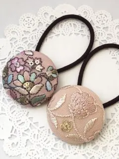 【No.109】インド刺繍 くるみボタン38㎜ ヘアゴム 2個セット