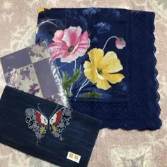 新品　花柄 ネイビー ハンカチ レース付き　3枚セット