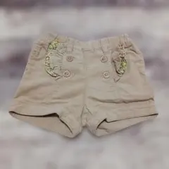 ベージュ 花柄フリル　コーデュロイパンツ 90