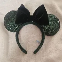 ディズニー　ミニーカチューシャ　ベロアリボン　グリーンスパンコール