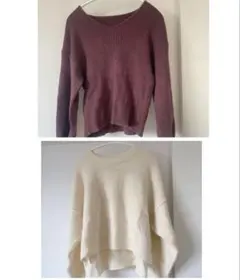 レディース ニット パープル Vネック リブ編みセーター2点セット
