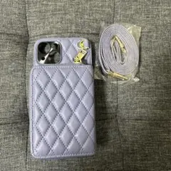ラベンダー iPhone14 ケース カードポケット付き　肩ストラップ付き