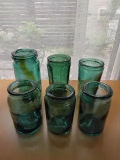レトロ瓶☆佃煮瓶6個セットA・昭和レトロ・インテリア小物・グリーン・気泡・銀化