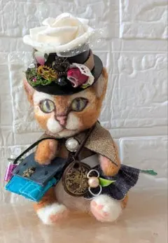羊毛フェルト 猫の人形 帽子付き