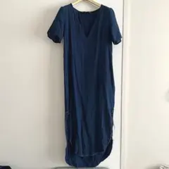 ZARA 半袖ロングワンピース　デニム調インディゴ　裾ラウンドVネックワンピース