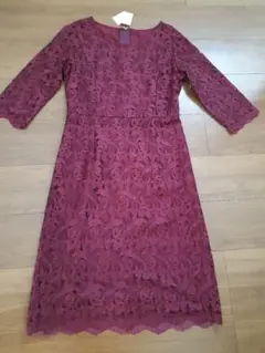 バーガンディ色レース長袖ワンピース Mサイズ