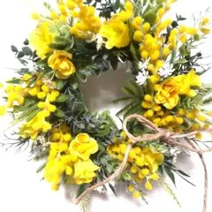 春の訪れミモザとミニバラのフラワーリース玄関リースハンドメイド