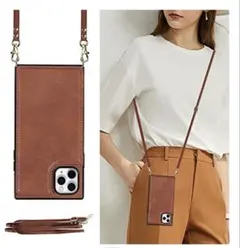 iPhone11 携帯ケース　ブラウンショルダーストラップ付きスマホケース