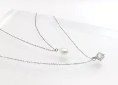 値下げ　淡水パールとジルコニア２連ステンレスネックレス/金属アレルギー対応