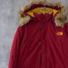 ノースフェイス　ダウンジャケット　キッズ　150　エンジ　刺繍ロゴ　着脱ファー