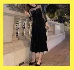 ベロア ロングワンピース 長袖 シースルー 結婚式 パーティードレス お呼ばれのサムネイル