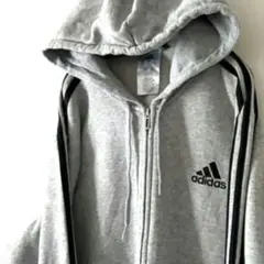 アディダス ロゴ 刺繍 スリーストライプ フルジップパーカー Lグレー 古着