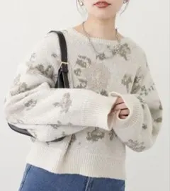 natural coutureラメ入り花柄長袖ニットセーター　Free