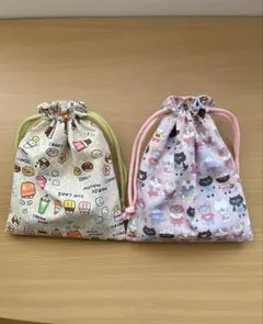 巾着袋2個セット 食べ物と動物デザイン