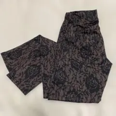 ブラウン&ブラック レース花柄プリント 裏起毛スキニーパンツ