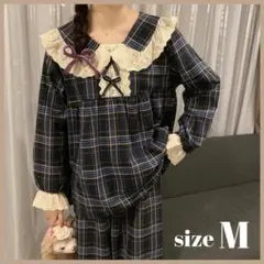 パジャマ ルームウェア M 長袖 ネイビー チェック 部屋着 レース フリル