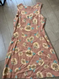 ビンテージワンピース　ひまわり　リネン　ノースリーブ