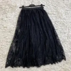 ブラック レース プリーツスカート ロング丈 ウエストゴム　フリーサイズのサムネイル