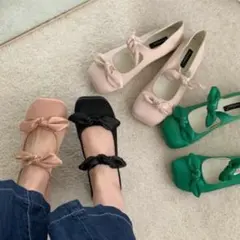 リボン付きフラットシューズ　スクエアトゥ リボンバレリーナフラットシューズ