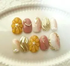 【No82オーダー専用】ぷっくりフラワーニュアンスネイル成人式結婚式和装振袖着物