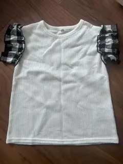 チェック柄フリル袖 ワッフルTシャツ ホワイト 110cm