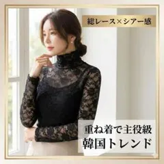 【サイズフリー】レース トップス ハイネック シアー インナー 透け感 韓国 白