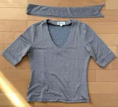 MICHEL KLEIN チェック柄 Vネック 半袖Tシャツ　38 平成レトロ